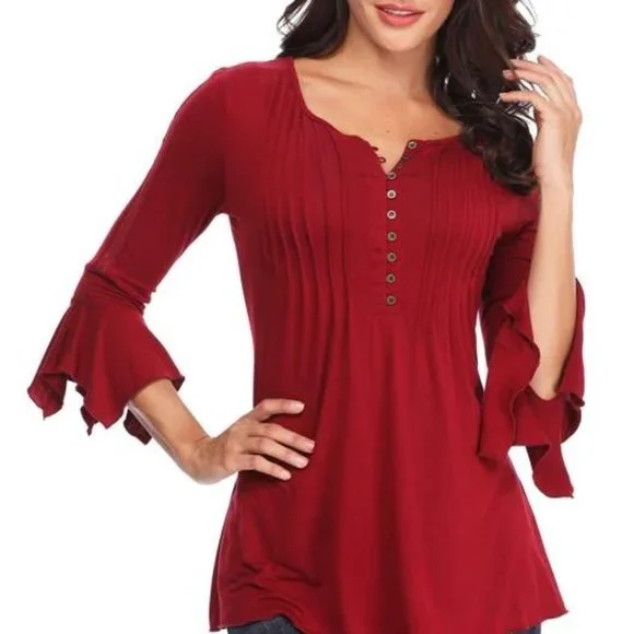 NWT Peasant Top, Bell Sleeve, Lace Inset, Henley Button Blouse - Picture 1 of 5